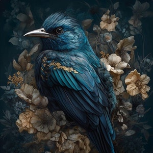 May include: A blue bird with gold accents perched on a bed of blue and beige flowers. The bird has a long, thin beak and a dark eye. The flowers are in bloom and have delicate petals.