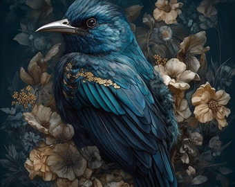 Teal bird - upholstery velvet panel - fabric for a pillowcase - different sizes