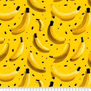 以下が含まれることがあります： 黒い茎と小さな黒い斑点がある黄色いバナナの繰り返し模様が特徴の明るい黄色の生地で、黒い点が散りばめられています。下端に黒い目盛りが付いた白い定規が見えます。