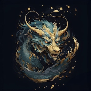 Peut inclure: Un dragon bleu et or avec des griffes et des dents acérées, sur un fond sombre avec des reflets dorés.