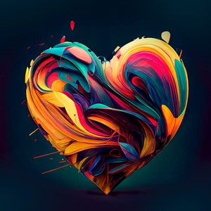 Peut inclure: Conception abstraite en forme de cœur avec des couleurs tourbillonnantes de rouge, orange, jaune, bleu et vert.