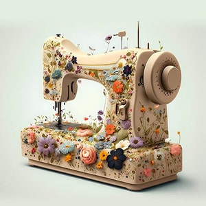 May include: A beige sewing machine adorned with colorful flowers and foliage. The machine features a large hand wheel, needle, and thread guides. The floral embellishments include blue, orange, purple, and pink blossoms, creating a whimsical and artistic design.