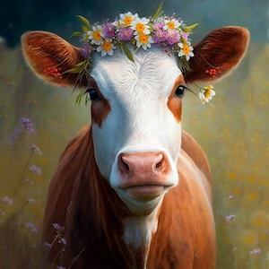 Może przedstawiać: Brązowo-biała krowa z wieńcem z różowych, białych i żółtych kwiatów. Krowa stoi na zielonej łące z fioletowymi kwiatami.