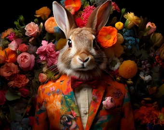 Elegant Bunny in flowers - upholstery velvet panel - fabric for a pillowcase - different sizes