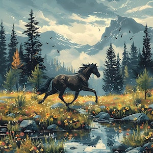 May include: A black horse gallops through a field of wildflowers, with a mountain range and a forest in the background. The horse is in focus, while the background is blurred.