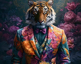 Eleganter Tiger im Anzug – Samtbezug – Stoff für einen Kissenbezug – verschiedene Größen