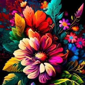 May include: A vibrant bouquet of flowers in shades of red, pink, yellow, and blue. The flowers are arranged in a vase and surrounded by green leaves.