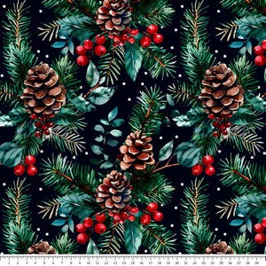 May include: A seamless pattern featuring watercolor illustrations of pine branches, pine cones, and red berries on a dark blue background with white polka dots.