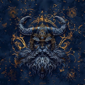 Peut inclure: Une illustration numérique d'un guerrier viking avec une longue barbe flottante et un casque à cornes. Le guerrier est représenté dans un schéma de couleurs bleu et or, avec des détails complexes dans le casque et la barbe. L'arrière-plan est bleu foncé avec des accents dorés.