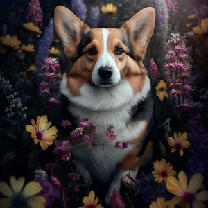 Może przedstawiać: Pies rasy corgi w brązowo-biało-czarnym umaszczeniu siedzi na polu fioletowych, żółtych i różowych kwiatów. Pies patrzy prosto w obiektyw.