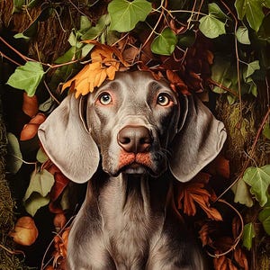 Può includere: Un cane Weimaraner grigio con occhi marroni è circondato da foglie verdi e foglie autunnali marroni. Il cane sta guardando direttamente la telecamera.