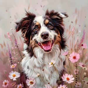 Può includere: Un cane border collie bianco e marrone con macchie nere sorride con la lingua fuori. Il cane è circondato da fiori rosa e fogliame verde.