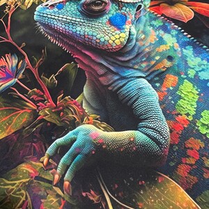 May include: A vibrant, multi-coloured chameleon perched on a leafy branch. The chameleon's skin is a mix of blue, green, yellow, and orange, with intricate patterns. The background is a dark green with colourful flowers.