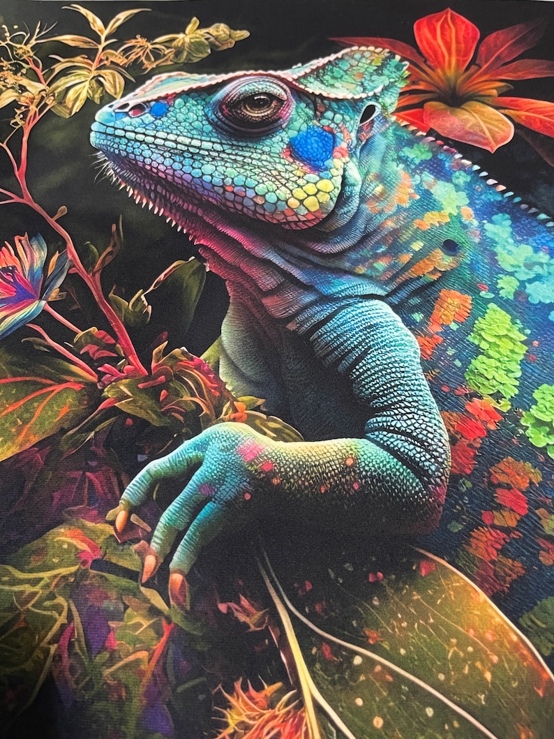 May include: A vibrant, multi-coloured chameleon perched on a leafy branch. The chameleon's skin is a mix of blue, green, yellow, and orange, with intricate patterns. The background is a dark green with colourful flowers.