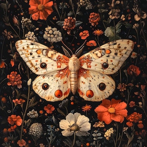 May include: A white and orange butterfly with black eyespots and red markings is surrounded by a variety of red, white, and pink flowers on a dark background.