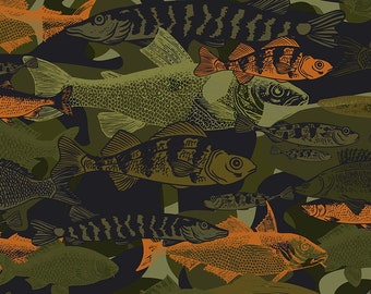 May include: A seamless pattern featuring a variety of fish in a camouflage print. The fish are drawn in black and orange on a dark green background.