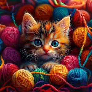 Könnte beinhalten: Ein süßes orangefarbenes Tabby-Kätzchen mit blauen Augen liegt in einem Haufen bunter Wollknäuel. Die Wolle ist in verschiedenen Schattierungen von Rosa, Blau, Grün, Gelb und Orange.