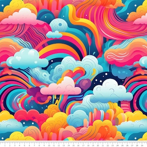 Peut inclure: Impression numérique d'art abstrait avec un motif tourbillonnant coloré de nuages, d'arcs-en-ciel et de vagues dans des tons de rose, bleu, jaune et orange.