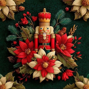 Op de afbeelding: Een feestelijke kerstafbeelding met een rood en gouden notenkrakersoldaat omringd door rode en crèmekleurige poinsettia's, groene dennennaalden en bessen. De achtergrond is een getextureerd donkergroen. De notenkraker heeft een gouden kroon en een strenge uitdrukking.