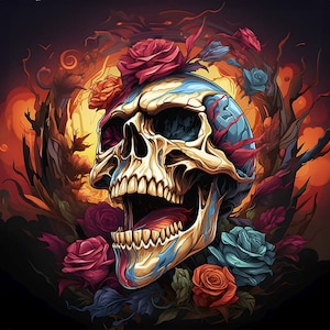 Peut inclure: Une illustration détaillée d'un crâne humain avec un motif de peinture bleu et or. Le crâne est entouré de roses rouges, orange et bleues. L'arrière-plan est un tourbillon orange foncé et noir.