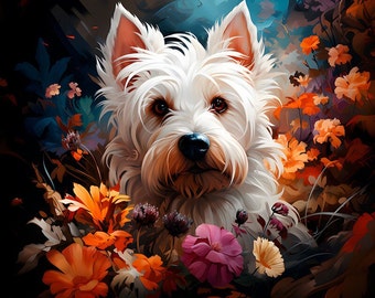 Dog in Flowers - Panneau de velours - Tissu 47x47cm / 18.5"x18.5" pour taie d'oreiller