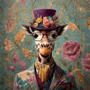 Peut inclure: Illustration fantaisiste d'une girafe portant un chapeau haut de forme violet orné de fleurs et des lunettes rondes. La girafe est vêtue d'un costume à motifs floraux avec une écharpe jaune, sur fond de papier peint floral.