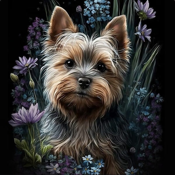 Yorkshire Terrier in Flowers - Panneau de velours - tissu 47x47cm / 18.5"x18.5" pour une taie d'oreiller