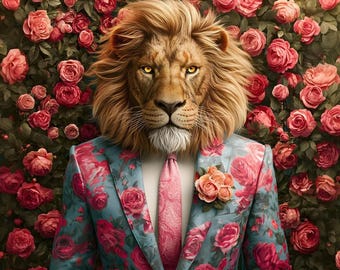 Eleganter Löwe im Anzug mit Rosen – Samtbezug – Stoff für einen Kissenbezug – verschiedene Größen