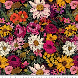May include: A seamless pattern featuring a variety of colorful flowers in shades of pink, yellow, red, and white. The flowers are arranged in a dense, overlapping pattern against a black background.