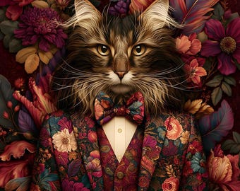 Elegante Katze im Anzug – Samtbezug – Stoff für einen Kissenbezug – verschiedene Größen