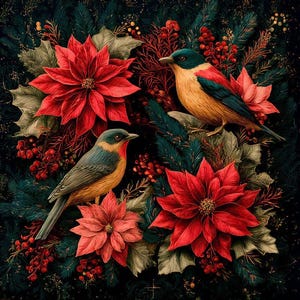 Könnte beinhalten: Eine lebendige Illustration zeigt zwei bunte Vögel inmitten roter Weihnachtssternblüten, grünem Laub und roten Beeren. Die Vögel haben orange, gelbe, blaue und grüne Federn. Der Hintergrund ist ein dunkles, sattes Grün, das ein festliches, von der Natur inspiriertes Design schafft.