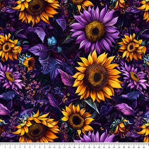 May include: A seamless pattern featuring vibrant purple and yellow sunflowers on a dark purple background. The sunflowers are arranged in a random pattern, with some overlapping. The background is a deep purple, with hints of blue and green.