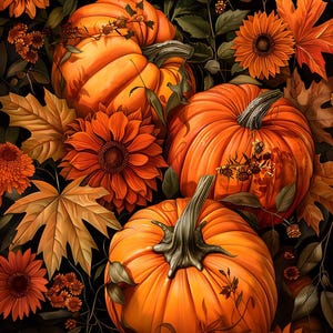 Puede incluir: Una imagen de bodegón con tres calabazas naranjas, follaje de otoño y girasoles. Las calabazas están dispuestas en un grupo con hojas y flores que las rodean.