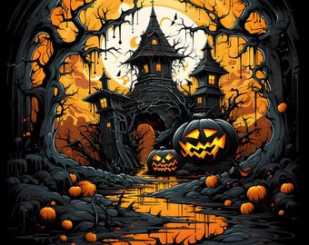 Halloween Castle - Velvet panel - 47x47cm / 18.5"x18.5" fabric for a pillowcase