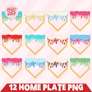 May include: Twelve digital clipart images of a baseball home plate with a waffle texture and dripping frosting in various colors, including red, blue, green, white, and pink.