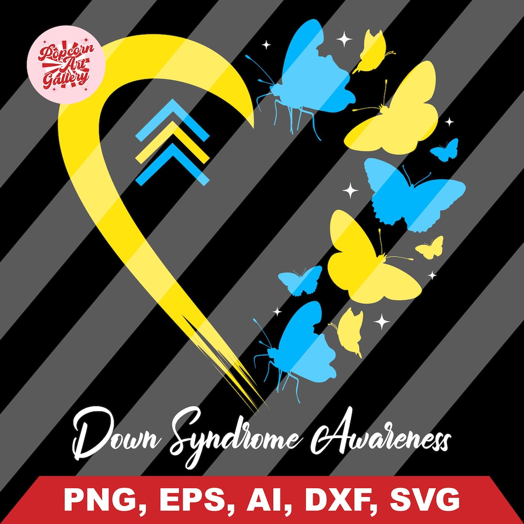 Down Syndrome Awareness Heart SVG PNG, Yellow and Blue Butterfly Ribbon ...