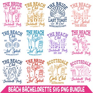 Może przedstawiać: Kolekcja kolorowych wzorów na wieczory panieńskie. Każdy wzór zawiera kieliszki do koktajli, muszle i tekst "The Beach Club", "The Bride" i "Scottsdale Girls Club". Projekty są w różnych kolorach, w tym różowym, niebieskim i złotym.