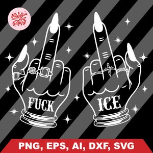 Peut inclure: Graphique en noir et blanc de deux mains avec le majeur lev&eacute;. L'une affiche le mot "FUCK", l'autre "ICE". Les deux mains sont orn&eacute;es de bagues et de longs ongles. Le fond est ray&eacute; avec des &eacute;toiles. L'image inclut des informations sur le type de fichier.