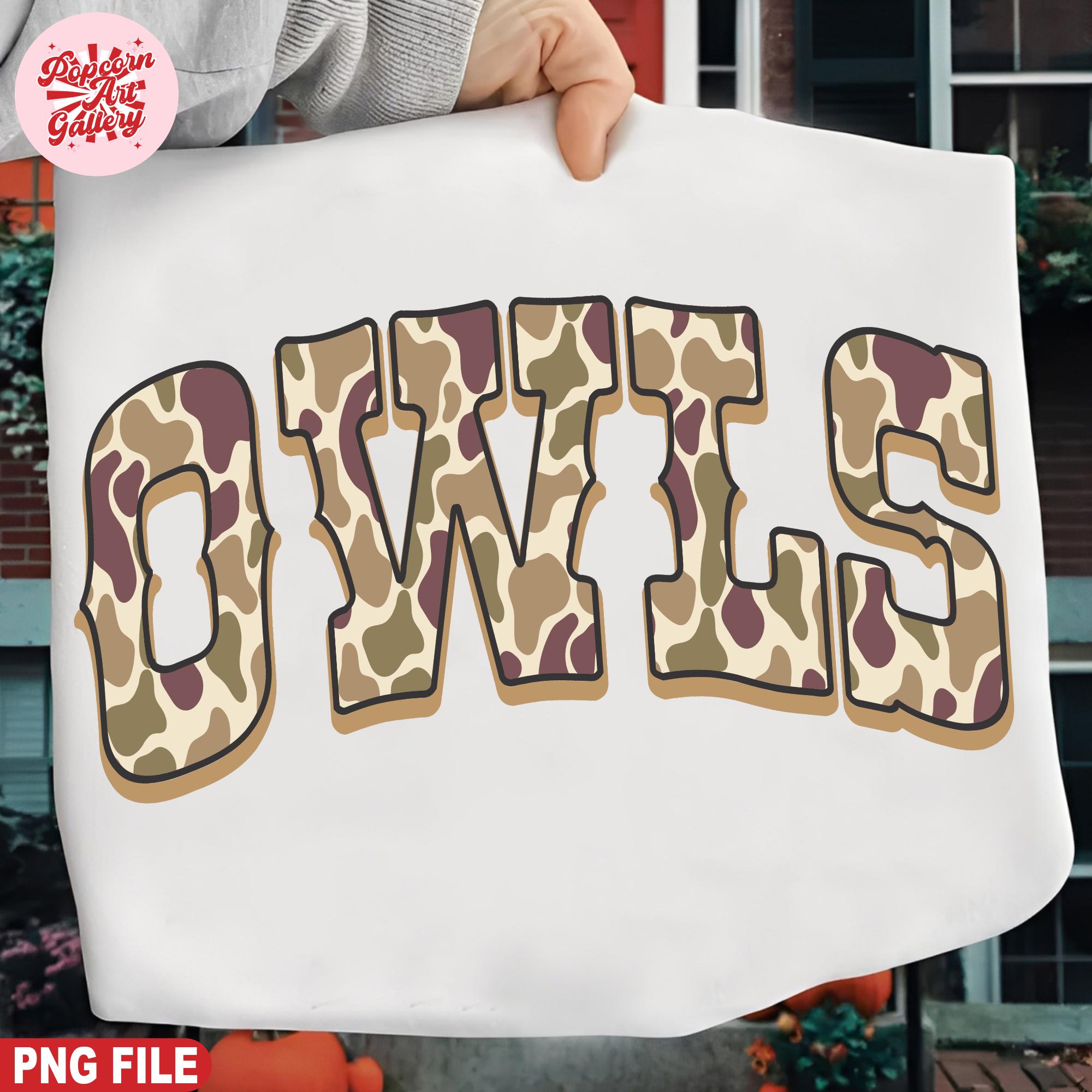 Owls PNG Camo Design, Retro Arched Text Sublimation File (Digital Download)