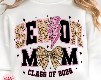 Senior Mom 2026 PNG | Lightning Bolt Graduation Png | Leopard Cheer Bow Png | Class of 2026 Png | Senior Mom 2026