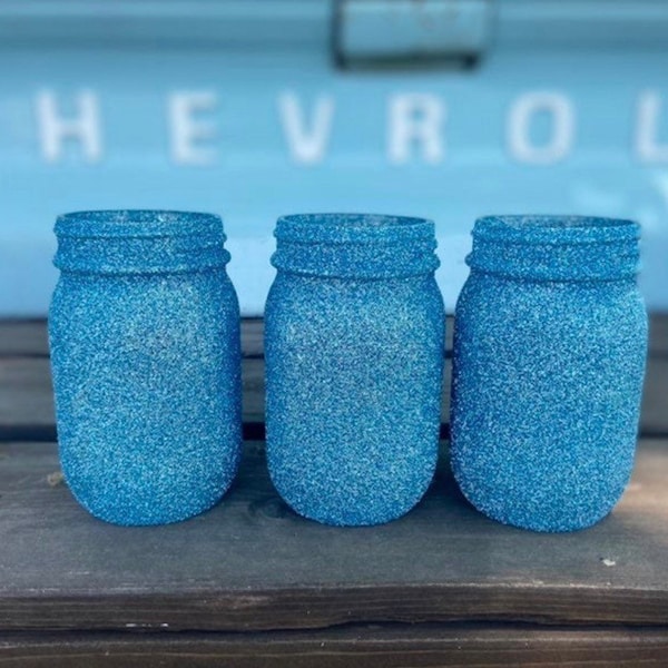 Blue glitter mason jars