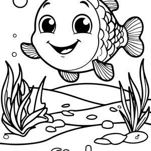 以下が含まれることがあります： 大きな目と笑顔の漫画の魚の白黒の線画。魚は海藻と泡に囲まれた水の中を泳いでいます。魚の文字が魚の真下に書かれています。