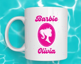Taza de café con nombre personalizado para muñeca, taza de muñeca rosa, el mejor regalo para regalo de cumpleaños de hija, tazas rosas, tazas de muñeca, taza de Barbi personalizable