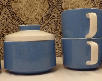 Mikasa Mediterrania Sugar & Creamer with 4 cups.  Forget Me Not Blue Speckle