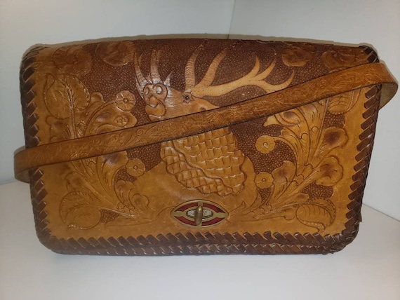 Vintage 1960s hand tooled leather shoulder bag. M… - image 2