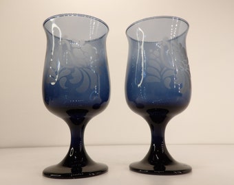 Pfaltzgraff Blue Glass Etched Wine Glasses