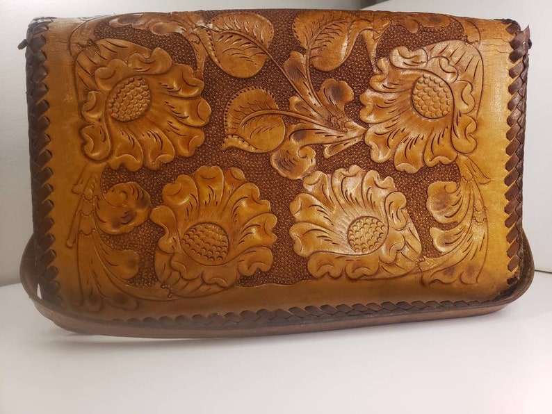 Vintage 1960s hand tooled leather shoulder bag. Made by Salinas in Mexico. image 1