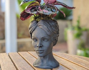 Goddess Bust Planter, Lady Head Pot in Black Wood