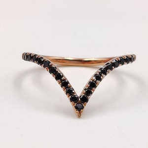 Curved wedding band rose gold Unique Chevron Black onyx wedding band women vintage stacking matching Bridal set Promise Gift for her.