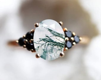 Moss agate engagement ring, Three stone ring, Oval green stone & diamond, sapphire or moissanite ring, New Year Gift.